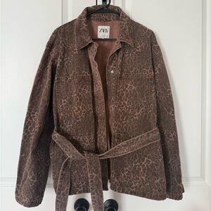 Zara Animal Leopard Print TRF Denim Jacket